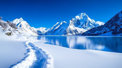 Majestic snow capped mountains reflected in a pristine glacial lake