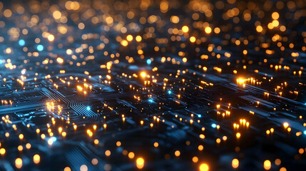 Abstract digital background with glowing blue and orange particles and circuitry.  High-tech energy and network concept. Futuristic technology illustr