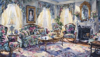 Watercolor depiction traditional Victorian parlors with floral upholstered furniture and drapes.
