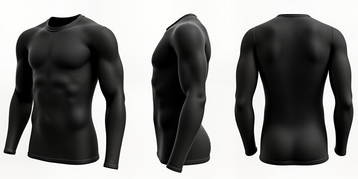 Male model wears black long-sleeve fitted shirt. Shirt photorealistic, round neckline. Model presented in three views front, back, half-face perspectives. Design minimalist, modern. Versatile casual