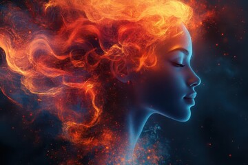 Obraz premium dynamic digital portraits of diverse women with flowing abstract hair made of colorful light particles and geometric shapes