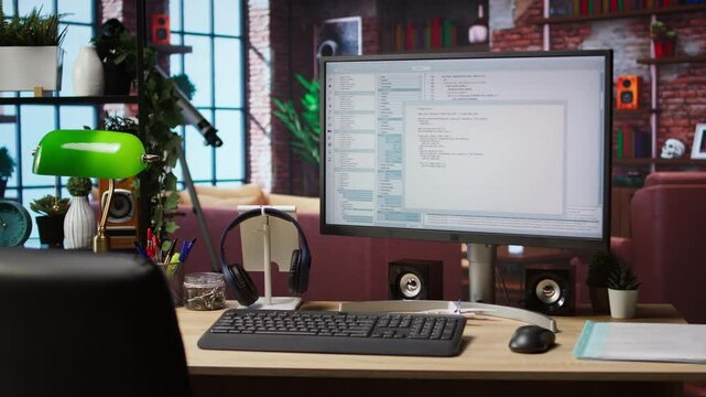Lines of code written on PC workstation screen on development tool application. Debugging software programming language displayed on computer monitor in living room office