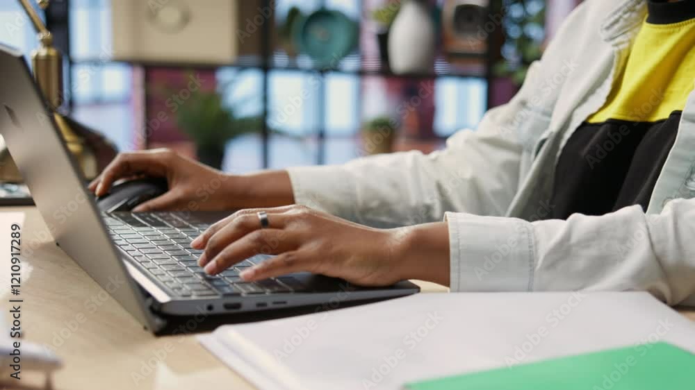 Poster teleworker typing on notebook keyboard in home office to write emails. remote worker using laptop, c