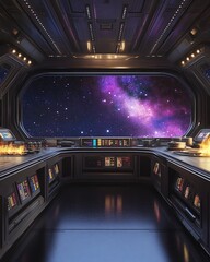 Futuristic spaceship bridge interior with a breathtaking view of a nebula through a large window.  Sleek design, vibrant colors.