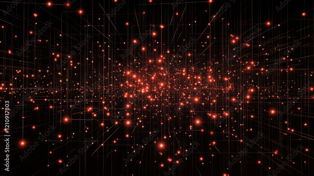 Wall mural abstract red glowing particles connected by lines in dark space.