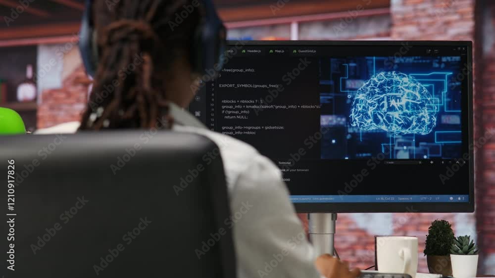 Poster it engineer drinking coffee, using computer at home for artificial intelligence computing. close up 