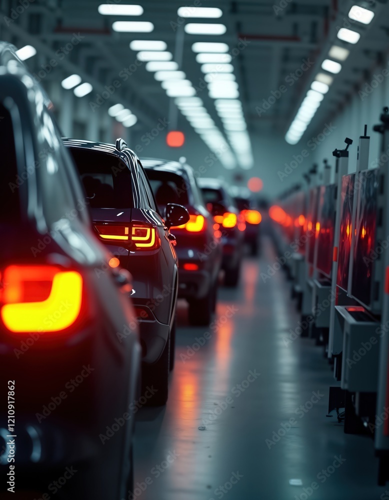 Poster modern suvs move along automated production line in car factory. cars in assembly line. tech innovat