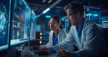 Two scientists are working on a computer monitor, one of them is wearing glasses