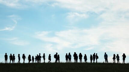 Silhouetted crowd on grassy hill against a bright sky.
