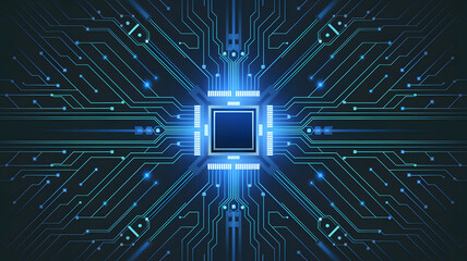 Digital circuitry, glowing blue, central processor.