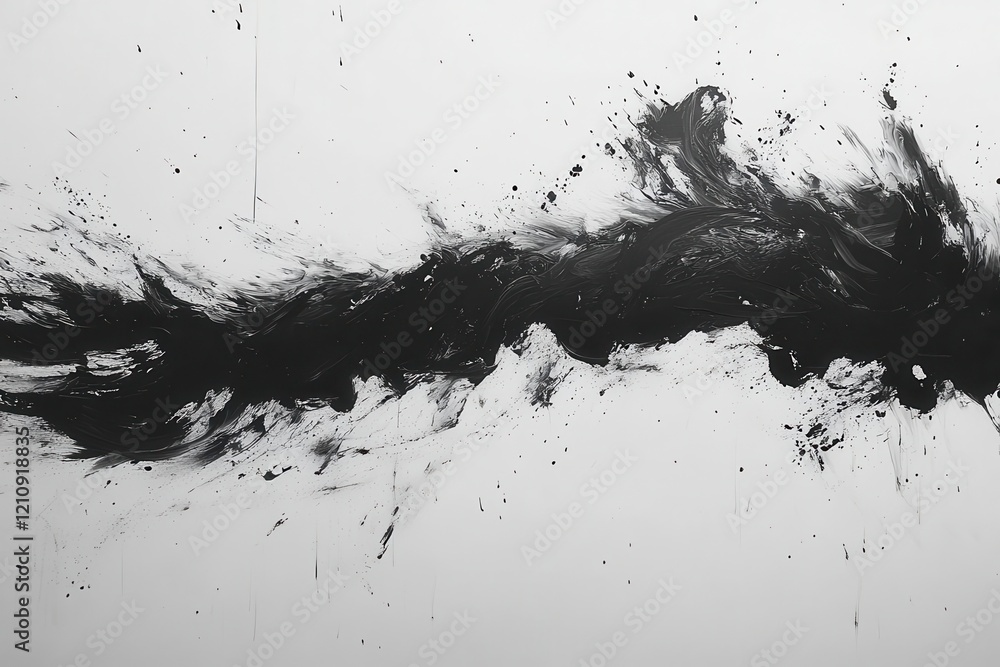 Wall mural dynamic monochromatic ink splash composition bold gestural strokes creating organic forms against pr