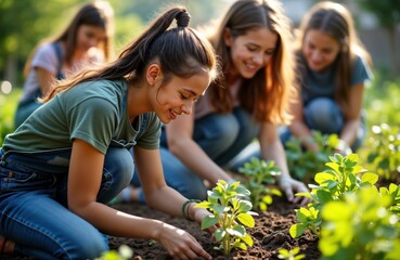 Teen girls work together in community garden. Plant small plants. Girls happy, diverse. Outdoors on sunny day. Group effort fosters communal spirit. Garden green space. Positive example of teamwork,