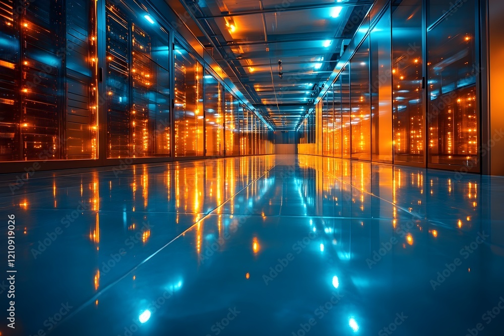 Poster modern server racks with blinking lights in a sleek data center. high-tech atmosphere.