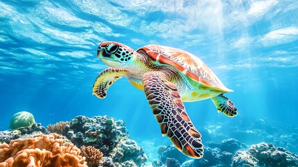 Fototapeta premium Graceful sea turtle gliding through crystal-clear water