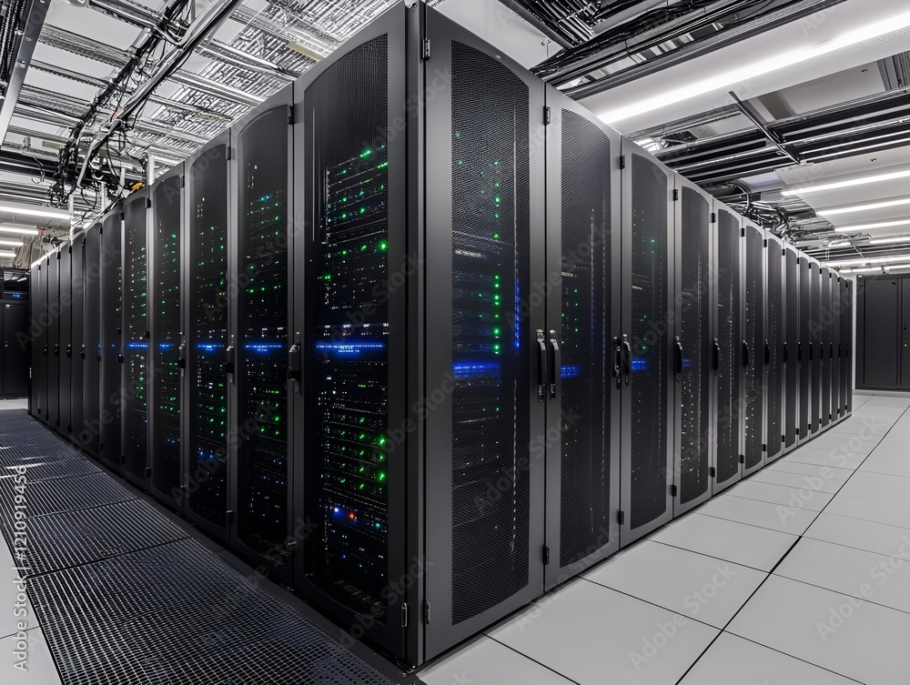Poster modern server racks with blinking lights in a sleek data center. high-tech atmosphere.