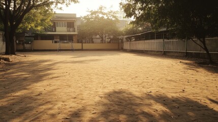Sunlit sandy playground with trees and buildings in the background.