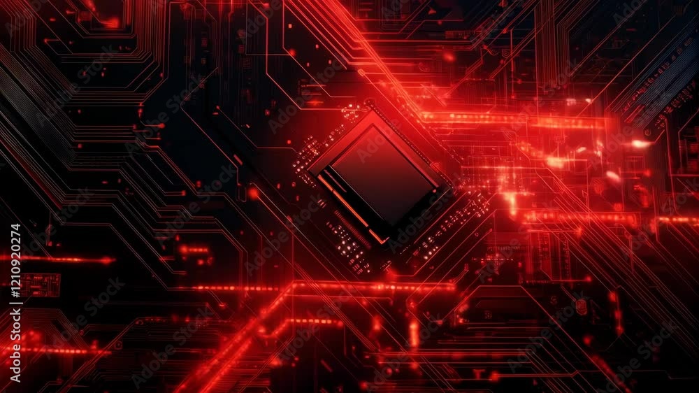 Poster dynamic circuit board with pulsating red energy and cascading electrical patterns