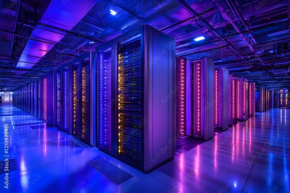 Poster modern server racks with blinking lights in a sleek data center. high-tech atmosphere.