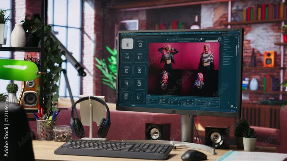 Fototapete Computer on desk with UI of artificial intelligence GPT application turning text prompt into photos. PC with website using neural network tech to build text to image AI generative models