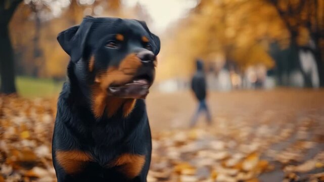 Curious rottweiler exploring autumn park with fall leaves in the background