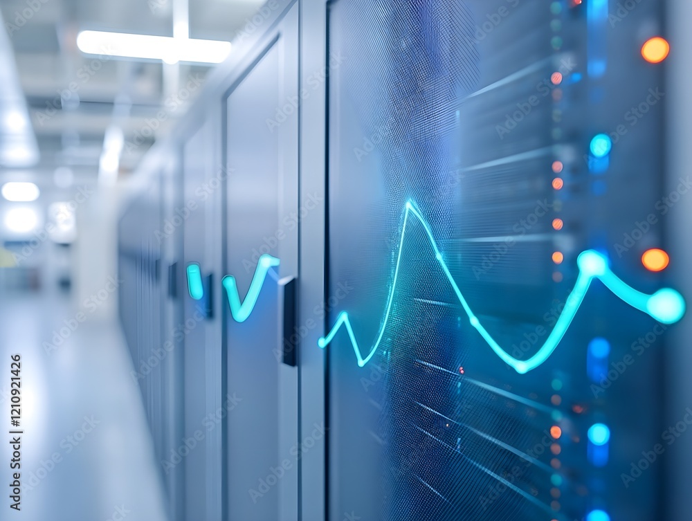 Poster modern server racks with blinking lights in a sleek data center. high-tech atmosphere.