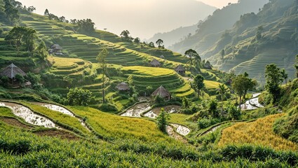 Fototapeta premium Vibrant green rice terrace with flooded paddies and thatched huts at dawn