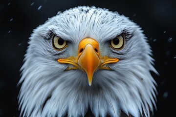 Fototapeta premium eagles head with striking yellow eyes and intricate white feathers set against a stark black background showcasing the birds majesty and sharp predatory gaze evoking a sense of power and focus