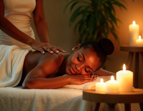 Black woman enjoys relaxing massage at spa. Masseuse gently massages back. Spa dimly lit with candles. Woman calm, happy. Wellness treatment in beautiful spa setting. Relaxation, enjoyment. Lifestyle