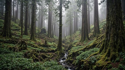 Obraz premium Enchanted temperate rainforest with towering redwoods and moss covered trunks streams flowing below