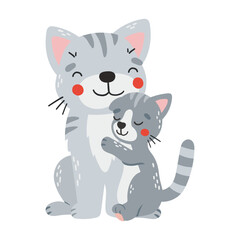 Cat mom and baby, cartoon style, mothers day illustration, cute animal