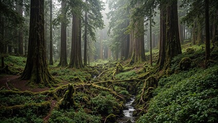 Obraz premium Enchanted temperate rainforest with towering redwoods and moss covered trunks streams flowing below
