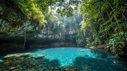 Naklejka premium Lush jungle cenote with turquoise water and sunlight filtering through canopy