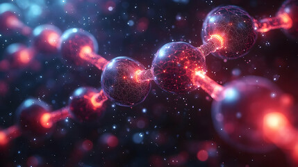 Abstract Molecular Structure with Glowing Red and Blue Particles