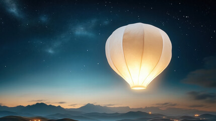 A glowing lantern floats above a serene landscape under a starry night sky, creating a peaceful ambiance.