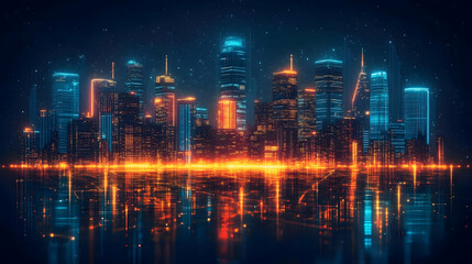 Obraz premium Vibrant City Skyline at Night with Glowing Reflections on Water