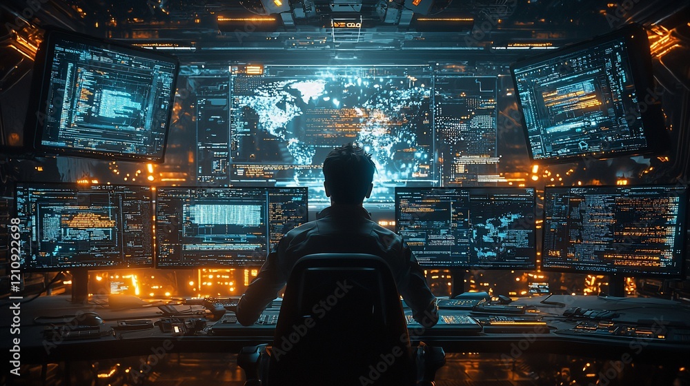 Poster Hacker monitoring global network data on multiple screens.