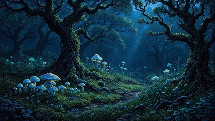 Enchanting forest clearing with bioluminescent mushrooms casting eerie shadows