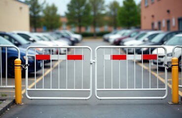 Closed parking gate restricts access. Security barrier limits entrance, exit. Empty parking lot suggests off-peak hours closure. Metal gate with red, white markings shows controlled access to area.