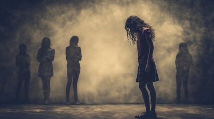 A young girl stands alone in a dimly lit environment, her head bowed and shoulders slumped. Silhouettes of other girls loom behind her, evoking a sense of isolation and longing. Getting bullied.