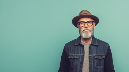 Serious senior man with glasses and hat against teal background.