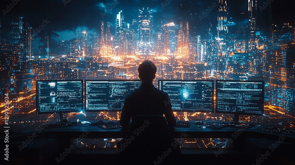 Poster Hacker silhouetted against futuristic city skyline, viewing multiple computer screens displaying code.