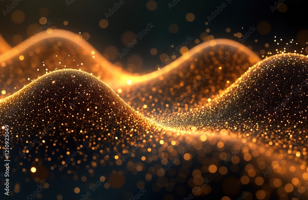 Poster abstract golden dotted pattern flows in undulating waves against dark background. dynamic, elegant d