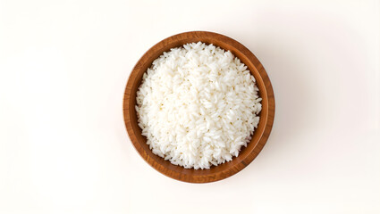 A wooden bowl filled with uncooked white rice, representing staple food or culinary themes isolated on white background. Generative AI