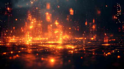 Naklejka premium Fiery Cityscape at Night: Abstract Burning City with Glowing Embers and Sparks