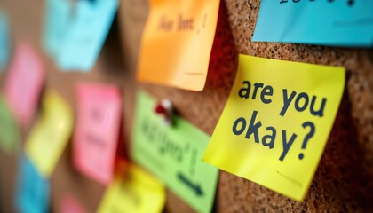 Colorful sticky notes on corkboard. One note says Okay Workplace mental health initiative. Employee support. Caring, encouraging work environment. Positive message for colleagues. Promoting