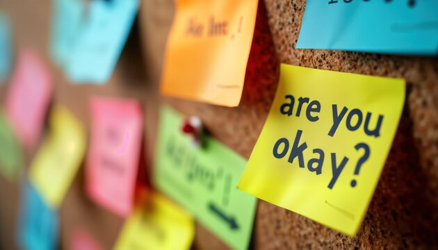 Colorful sticky notes on corkboard. One note says Okay Workplace mental health initiative. Employee support. Caring, encouraging work environment. Positive message for colleagues. Promoting