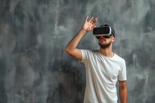 A man wearing a white shirt is wearing a virtual reality headset and looking up