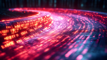 Abstract Digital Data Stream: Glowing Red and Blue Particles Flowing in a Spiral Pattern