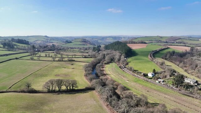 Fields and Farmlands over Staverton from a drone, Totnes, Devon, England