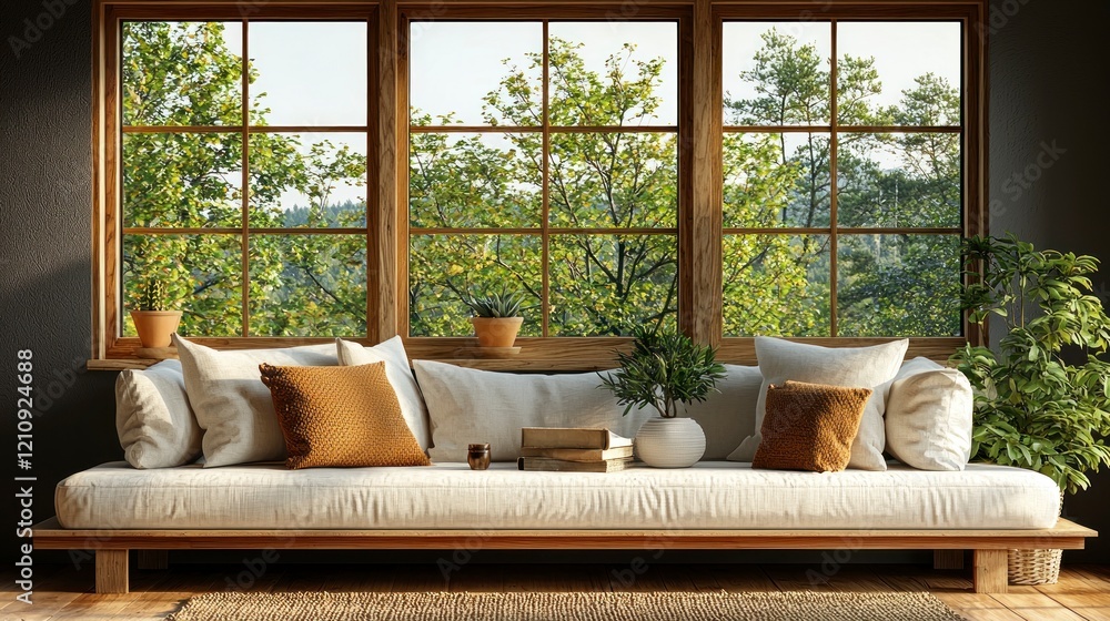 Sticker Sofa by windows, plant decor, trees in background